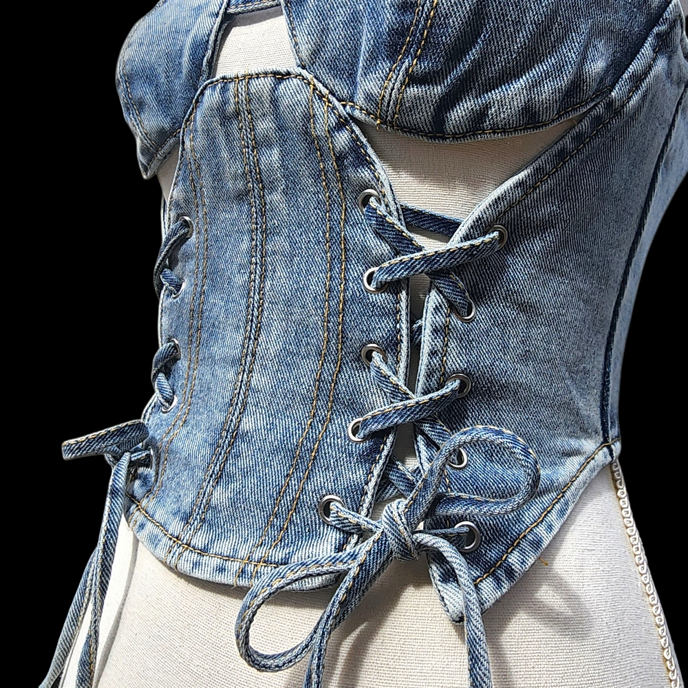 PrettyLittleThing Light Blue Wash Denim Lace Up Corset Top Petite XS - Picture 7 of 8